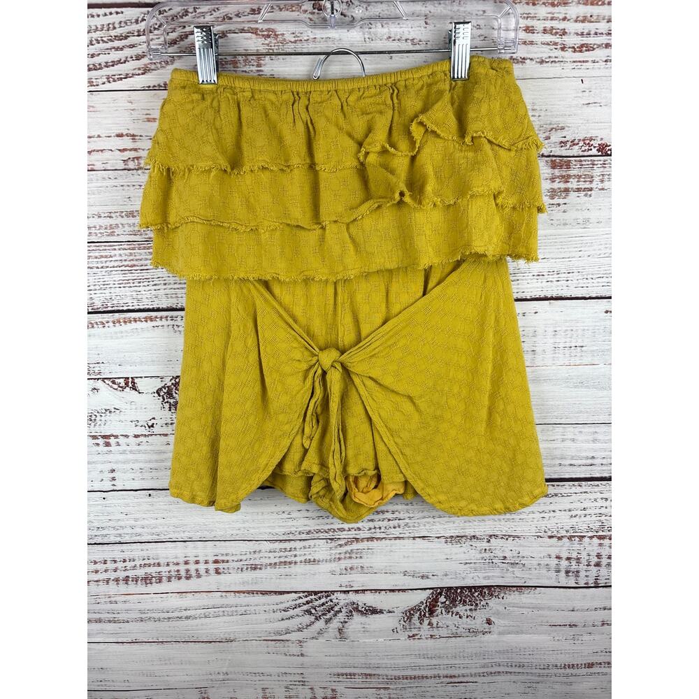 Women's Cotton Candy LA Yellow Bandeau Top Tie Waist Short Set Ruffle Festival S